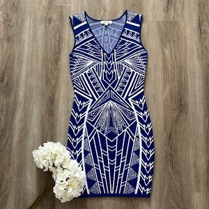 Jealous Tomato Blue and White Geometric Bodycon Dress, Size Small